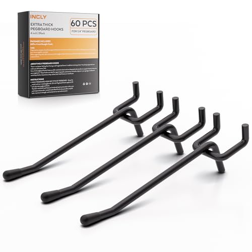 INCLY 60 Pack 4 Inch Black Pegboard Hooks, 1/4" Heavy Duty - color: Black, size: 4inch-60pcs