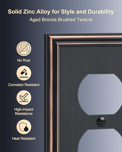 2-Pack Zinc Alloy Single Duplex Outlet Cover Plate, Solid Receptacle Cover - color: Aged Bronze, size: 1 Duplex 2PK
