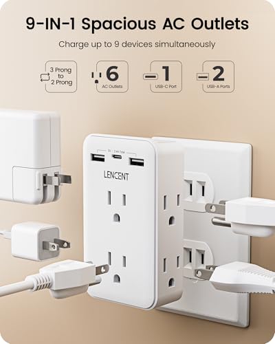 LENCENT 2 to 3 Prong Outlet Adapter, 2 Prong Outlet Extender with 6 AC