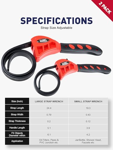 SMART JERRY 2-Pack Rubber Strap Wrenches, Adjustable Oil Filter Wrench