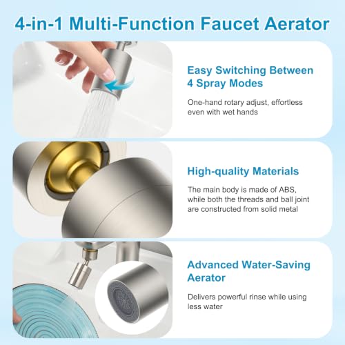 Hibbent 4-Mode Faucet Aerator, Faucet Sprayer Attachment, Brushed Nickel - color: Brushed Nickel, style: Four Modes
