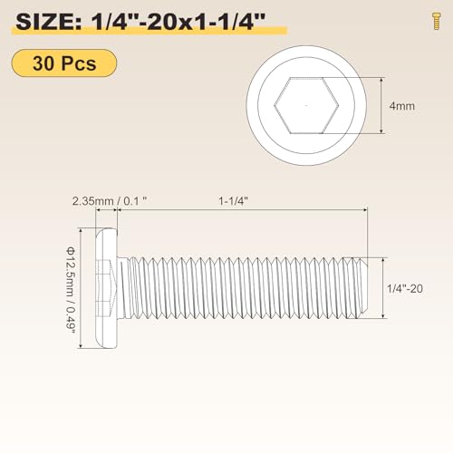 METALLIXITY Flat Head Hex Socket Cap Screws Bolts 1/4"-20x1-1/4 30Pcs - color: Silver Tone, size: 1/4"-20x1-1/4"