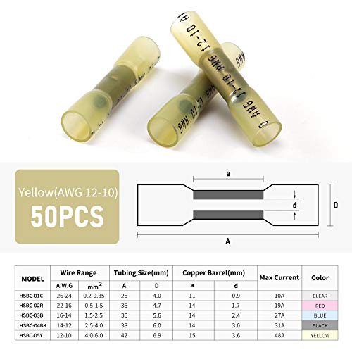 50PCS Heat Shrink Butt Wire Connectors 12-10 AWG, Insulated Waterproof Electrical Wire Connectors Automotive Marine Grade Wire Crimp Terminals Butt Splices, Ideal for Boat, Truck, Yellow - size: Yellow 50 PCS