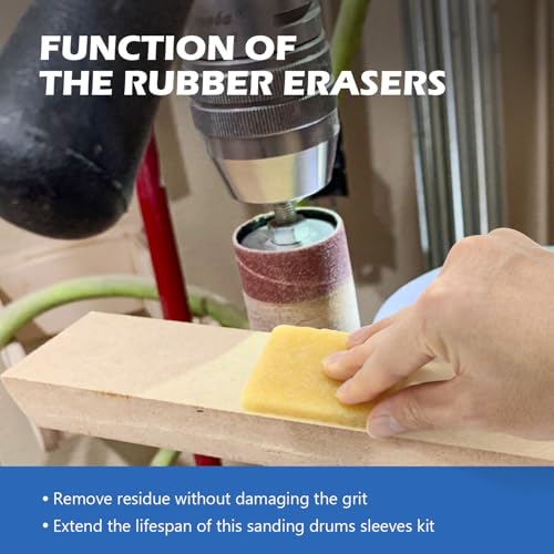 Sanding Drum and Sleeves Set 1-1/2’’,1’’, 1/2’’ with 2 Sandpaper Cleaning Stick - Rubber Eraser, Drill Sanding Kit for Sanding Polishing Multiple Materials Wood Fiberglass Metal, 80, 120 Grit-27PCS - size: Length: 1/2''~1-1/2''(sanding drums & sleeves)