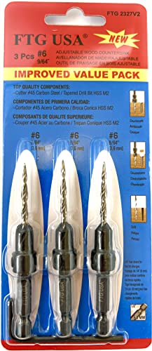 FTG USA #6 (9/64") Wood Countersink Drill Bit 3-Pc Set with Hex Key - size: #6, style: 3 Pc w/o Depth Stop
