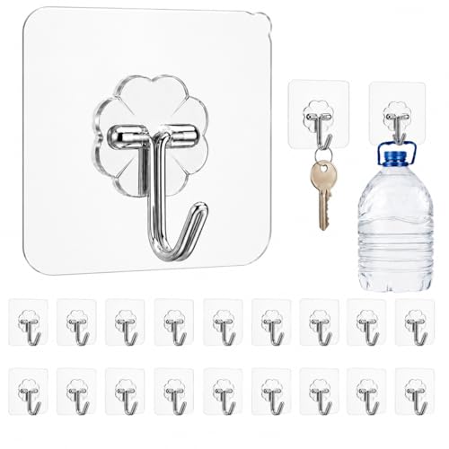 24 Pack Heavy Duty Self Adhesive Hooks-33lb(Max), Transparent Nail Free, Waterproof, Sticky Wall Hooks for Keys, Coat, Shower, Outdoor, Kitchen, Home Improvement.