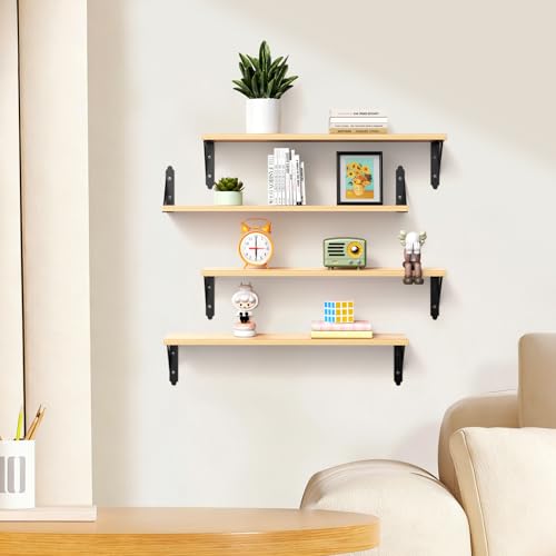 ROMGUAR CRAFT Wood Wall Floating Shelves Set of 4, 23.6" x 6" - Natural - color: Natural, size: 23.6" x 6"