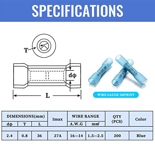 Qibaok 200 PCS Heat Shrink Butt Connectors Waterproof Insulated Electrical | Wire Crimp Connectors Butt Splice Terminal for Automotive Marine Boat Truck Trailer Stereo