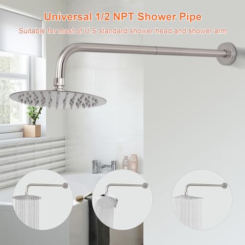Shower Arm with Flange and Teflon Tape, Wall Mounted Shower Pipe 304 Stainless Steel Extension Arm for Fixed Shower Head & Handheld (20 Inch, Brushed Nickel) - color: Brushed Nickel, style: 20 Inch