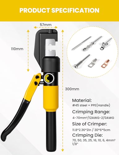 10 Tons Hydraulic Crimping Tool, 12 to 2/0 AWG battery cable crimper