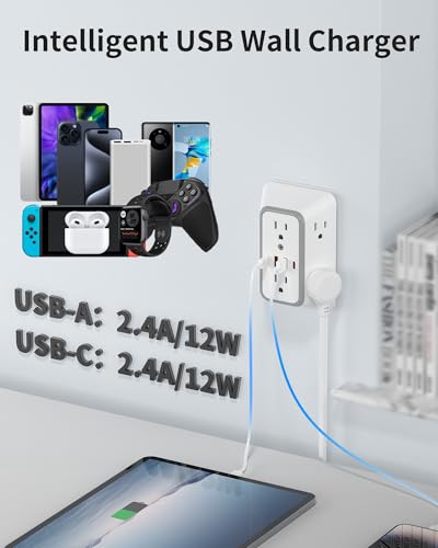 Outlet Extender 6 AC Surge Protection 1050J,Wall Charger 2 USB A&2 USB C - size: 1 pack