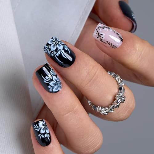 CurvLife Short Square Floral Press On Nails, Snow Bloom Black, Soft Gel - color: Minimal Black & White Flowers