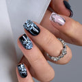 CurvLife Short Square Floral Press On Nails, Snow Bloom Black, Soft Gel - color: Minimal Black & White Flowers