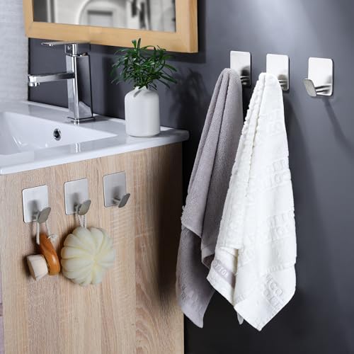 DELITON Sticky Hooks for Hanging Adhesive, Silver Wall Hooks for Bathroom Kitchen Office Stainless Steel Heavy Duty No Damage, Brushed Nickel, 6 Pack - color: Silver-6