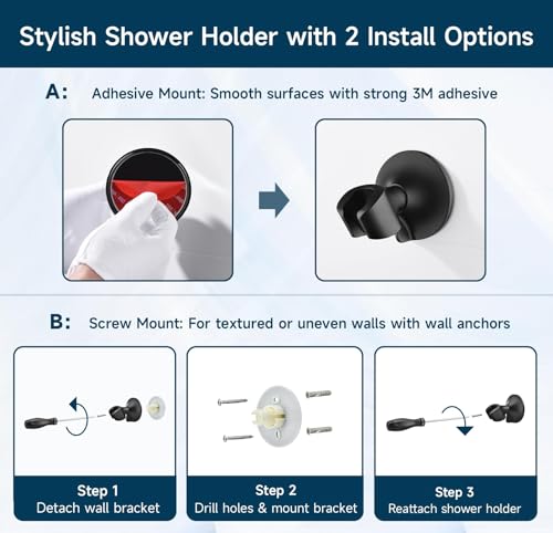 BRIGHT SHOWERS Strong Adhesive Shower Head Holder with Dual Angle Adjustable, Wall Mounted Handheld Shower Bracket, Easy Installation, Screw Mounting Options, Matte Black - color: Matte Black, style: Adhesive & Screw - 2 Angles