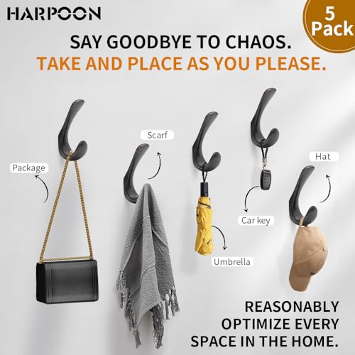 HARPOON 5 Pack Heavy Duty Hook, 3.5 Inch Wall Mounted Rustproof Coat Hook, Utility Hooks for Coat, Scarf, Bag, Towel, Key, Cap, Cup, Hat, Oil Rubbed Bronze - color: Oil Rubbed Bronze