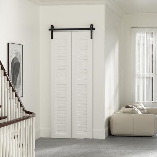 24" Bi-Folding Sliding Barn Door Hardware Track Kit,Smoothly&Quietly,Side Mounted Black Roller,Easy Install,Door Not Included [Fit Double 10" Bifold Doors] - size: 24" for 2 Doors