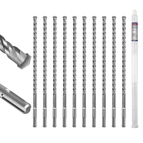 SALI SDS Plus Rotary Hammer Drill Bit Set,3/8" x 12", 10-Pack, Carbide-Tipped Masonry Bits for Concrete, Brick & Stone with Storage Case - size: 3/8"*12"