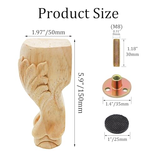 4Pcs 6in Unfinished Solid Wood Furniture Legs Carved European Style - color: B