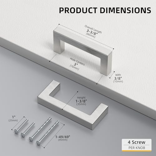 Goldenwarm Brushed Nickel Cabinet Pulls 40 Pack 3 Inch, Square Drawer Handles, Stainless Steel, Screws Included, Silver Kitchen Hardware for Cupboard Closet Furniture Upgrade - size: 3In(76MM) Hole Centers
