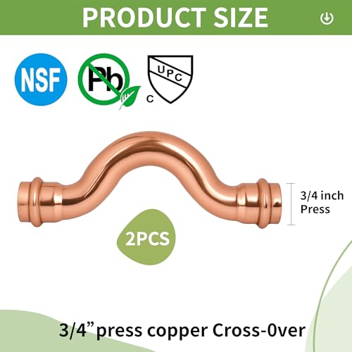 (WDAISY 2 Pack) 3/4" Press Fittings, 3/4 Inch Press Cross-Over For Copper Tube Connection,Lead-Free,UPC,NSF/ANSI61 Certified. - size: 3/4" Copper Press Crossover Elbow – 2P