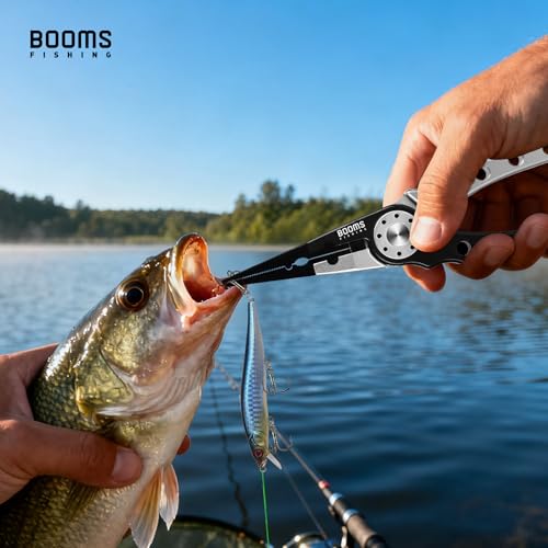 Booms Fishing X1 Aluminum Fishing Pliers Saltwater, Surf Fishing Tackle Kit, Fishing Multitool Hook Remover Braided Fishing Line Cutting and Split Ring with Coiled Lanyard and Sheath - color: Black&silver