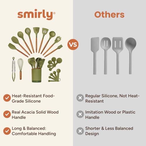 SMIRLY Silicone Kitchen Utensils Set, 22-Piece Acacia Wood Handle, Green - color: Green