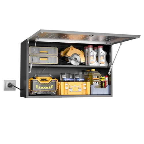 Garage Wall Cabinet, Metal Tool Cabinet with Lock&Adjustable Shelf - color: Black-silver
