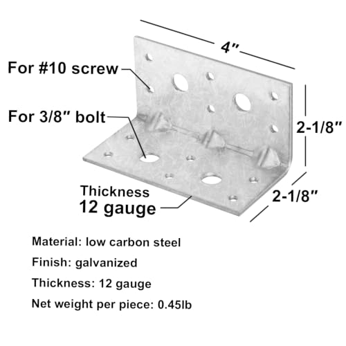 10 Pack L Angle Corner Bracket, Galvanized Steel, 2-1/8" x 2-1/8" x 4" - size: 2-1/8" x 2-1/8" x 4"