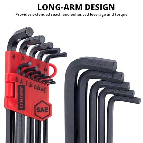 NEIKO 01101A Standard Allen Wrench Set, 13 Piece Ball End Hex Key Set, SAE Long Allen Keys 0.05” to 3/8 Inch Hex Wrench Set for Bike Bicycle Repair, Black Oxide Chrome Vanadium, Hanging Storage Case - size: SAE - 13pc