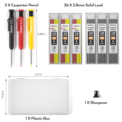 Nicpro 3 Pack Carpenter Pencils with Sharpener, Pencils for Construction - color: Black,Red,Yellow, size: 3 Pack