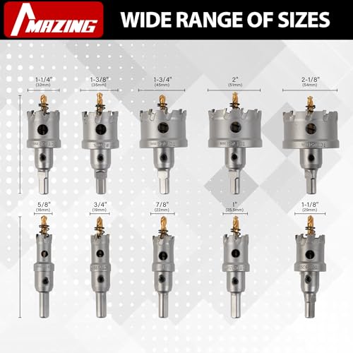 MAZING 16PCS TCT Hole Saw Kit for Hard Metal, 5/8"-2-1/8" Carbide Tungsten Carbide Tipped Hole Saw Set, Heavy Duty Hole Cutter Set for Cutting Stainless Steel, Iron, Copper, Aluminum, Sheet Metal