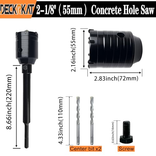DECKRKAT 2-1/8" Concrete Hole Saw Kit,Electroplated Black Quenching Tech,Heavy-Duty Thickened Alloy Teeth,SDS Plus Shank & 2 Center Bits for Concrete,Brick,Stone. - size: (55mm)2-1/8"