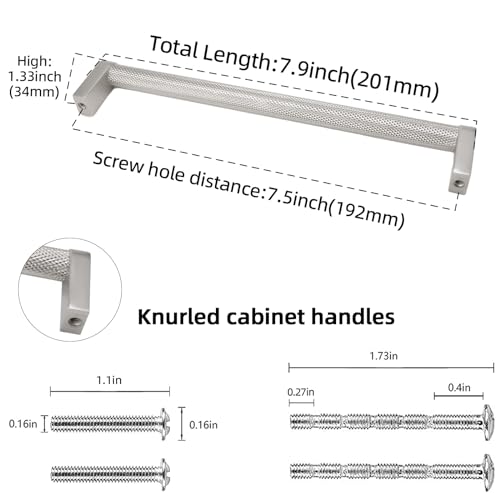 10 Pack 7-1/2 inch(192mm) Brushed Satin Nickel Kitchen Cabinet Handles Knurled Cabinet Pulls Silver Drawer Pulls Kitchen Cabinet Hardware Handles Drawer Pulls Dresser Handles - color: Brushed Satin Nickel, size: 7-1/2" Hole Center（192mm）