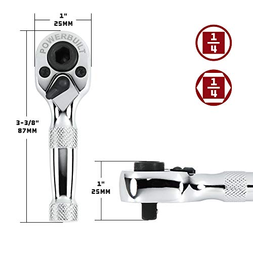 Powerbuilt Stubby Ratchet, Mini 1/4 Inch Ratchet Wrench, Reversible 72 Tooth, Tight Spaces, Quick Release - 940478 - style: 1/4" Dual Head