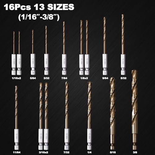 Hex Shank Cobalt Drill Bit Set for Metal & Steel,16Pcs 1/16-3/8 - size: 16pcs 1/16-3/8