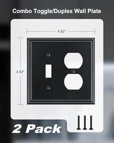 2-Pack Zinc Alloy Combo Toggle/Duplex Light Switch Cover Plate - color: Black, size: 1 Toggle/1 Duplex 2PK