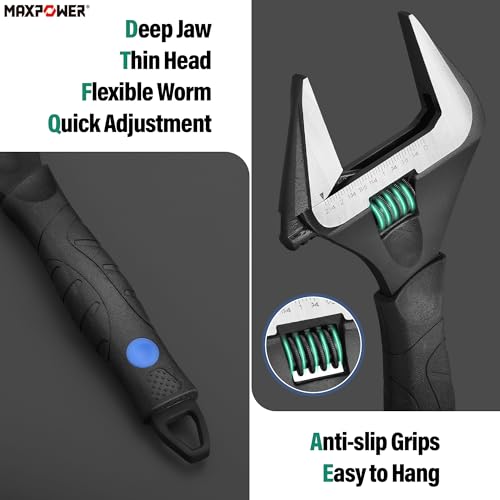 MAXPOWER 12-inch Wide Jaw Adjustable Wrench, 2.4" Jaw Opening, Cr-V Steel - size: 12-inch