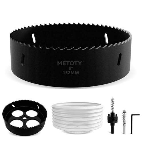 Bi-Metal Hole Saw 6 Inch with 4-Hole Hollow Center Design & Dust Bowl Catcher – 152mm Hole Cutter for Recessed LED Lights, Cuts Wood, Metal & Drywall, Ideal for Lighting Installation - size: 6" & BLK