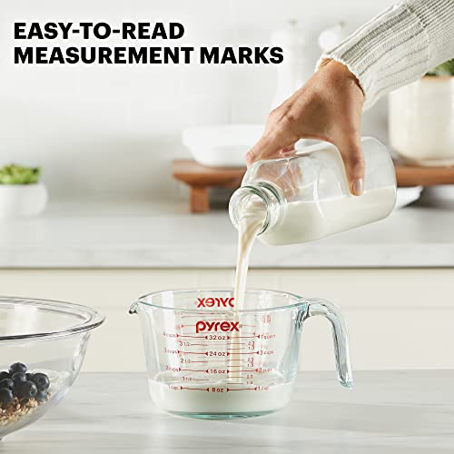 Pyrex 4 Cup Glass Measuring Cup For Baking and Cooking | Preheated oven, dishwasher, freezer, and microwave safe - size: 4 Cup