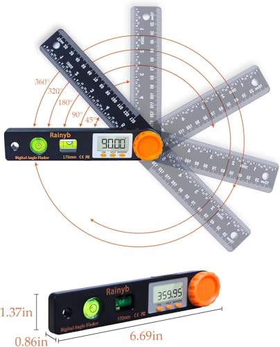 Rainyb Digital Angle Finder Tool, 5 inch Pocket Protractor, 0-360 Degree, LED Display with Horizontal Bubble Levels and Ruler Meter Accurate Tool for Woodworkers, Carpenters, Fabricators