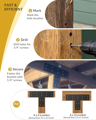 6 Pcs Ultra-Thick T Post Bracket, 12" x 8" Extreme Weatherproof Flat Mending Plate, Heavy Duty Structural Connector for 4x4 6x6 Lumber, Outdoor Pergola, Cabin & Deck Timber Framing - size: 6 Pack, style: Heavy-Duty T-Bracket