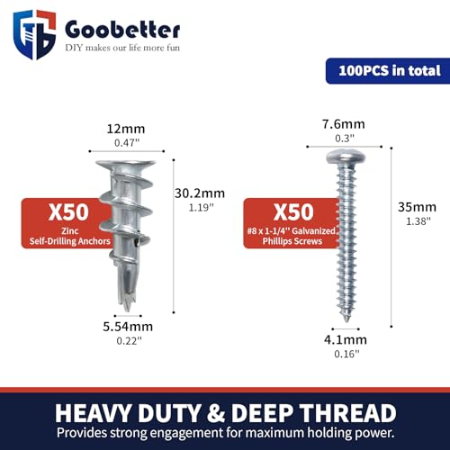 Drywall Anchors and Screws Kit, 100 Pcs Self Drilling Drywall Anchors, 50 Pcs Zinc Sheetrock Anchors and 50 Pcs #8 x 1-1/4" Metal Screws, Heavy Duty Wall Anchors, 75 Lbs Hanging Mounting - size: #8 x 1-1/4"