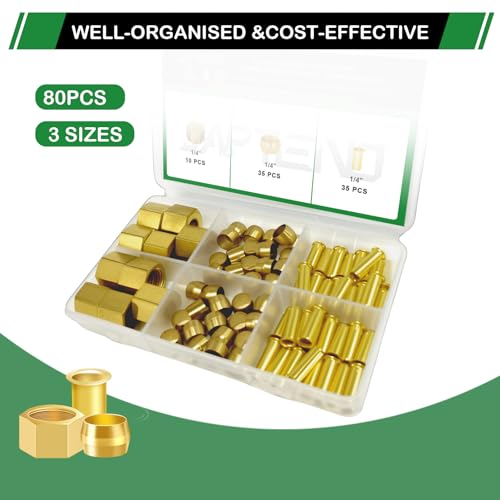 80pcs 1/4" Brass Compression Sleeves Ferrules Inserts Nuts Fittings - color: 80PCS 1/4"