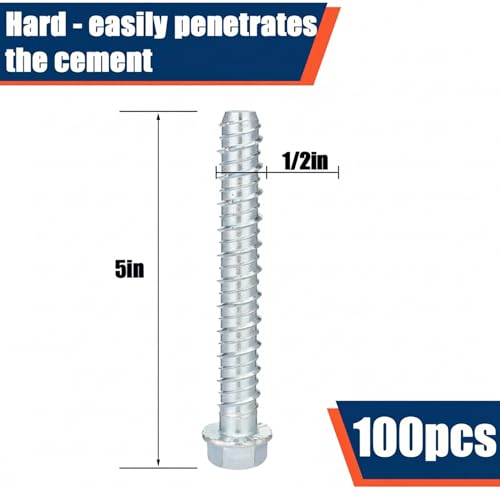 Tandefio 100 Pack 1/2 x 5 Concrete Anchors and Screw Kits Galvanized - size: 1/2" X 5"