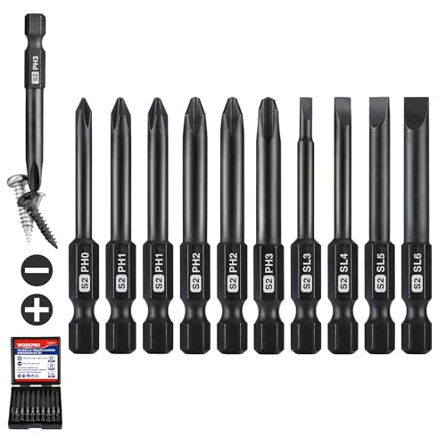 WORKPRO 10PCS Slotted Phillips Screwdriver Bit Set, Magnetic 1/4" Hex Shank - color: Phillips&slotted