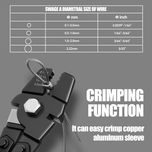 DISEN Wire Rope Crimping Tool, Fishing Crimps, Swaging Tool for Wire Rope, Wire Crimper for Aluminum Oval Sleeves from 3/32 inch to 1/64 inch, Chrome Vanadium Steel, Phosphated Black