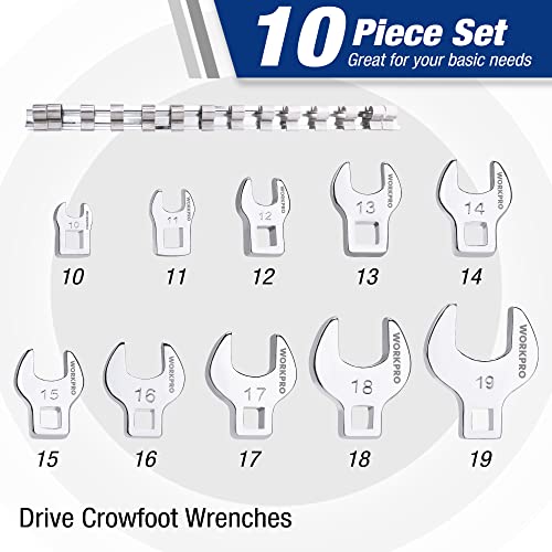 WORKPRO 3/8" Drive Crowfoot Wrench Set, 10-Piece Metric, 10-19mm - size: Metric System
