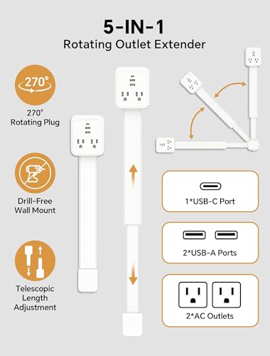 Outlet Extender Stick 17.2''–25.8'' Adjustable with USB C & 2 USB Ports, Electrical Outlet Extender with 2 AC Outlets, Flexible Rotat Plug for Multi-Angle Use in Home, Office, RV Tight Spaces