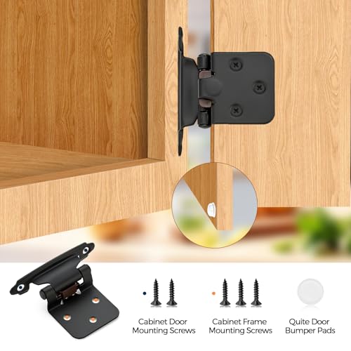 Matte Black Cabinet Hinges, 1/2 Inch Overlay, 10 Pack(5 Pairs) | Self-Closing Design, Semi-Concealed Face Frame Fit, Surface Mount, For Kitchen Doors, Cabinets, Hardware Updates - color: Matte Black